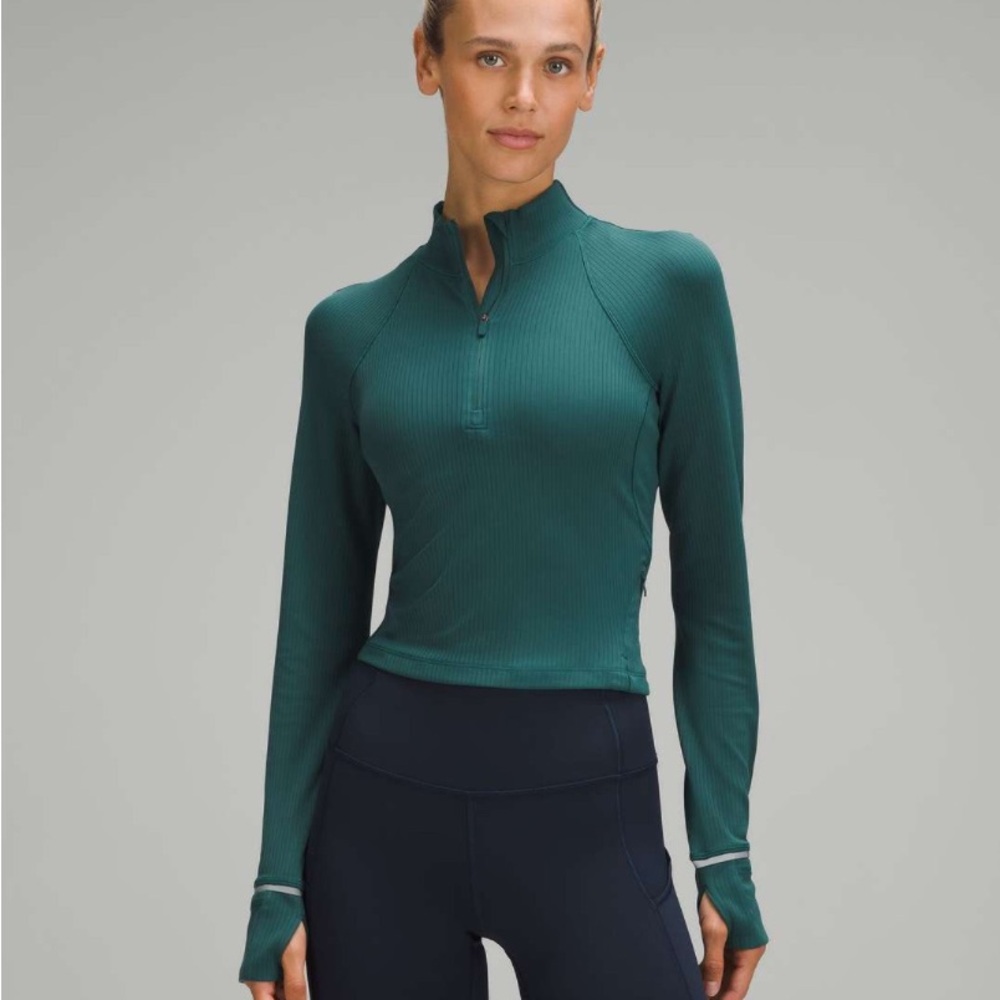 Lululemon Its Rulu Run Ribbed Cropped Half-Zip Storm Teal Size 4 running comfort